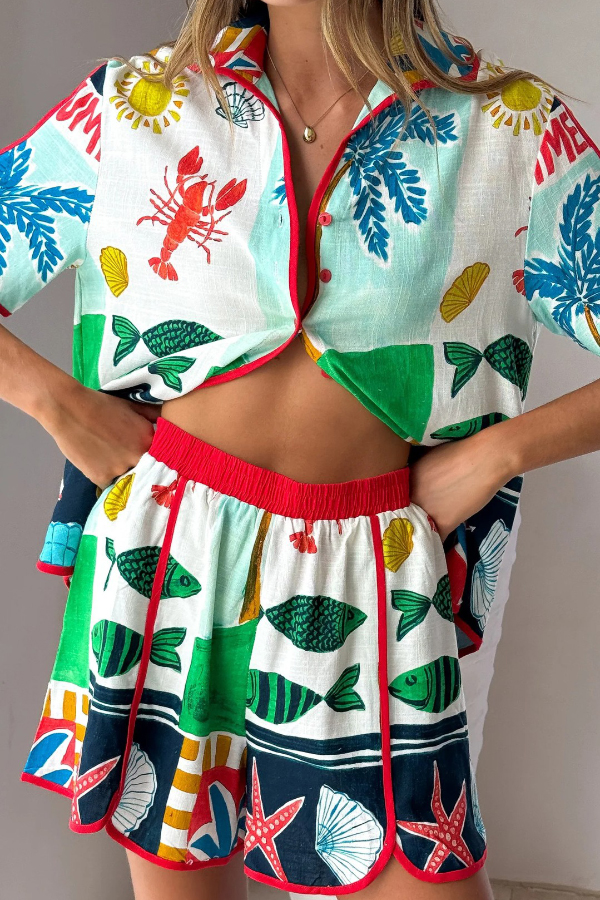 Linen Blend Summer-themed Printed Collared Short-Sleeve Loose-Fitting Shirt and Elastic Waist Casual Shorts Set