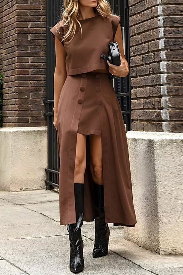 Solid Color Crew Neck Crop Top and High Waist Irregular Maxi Skirt Set-consonak