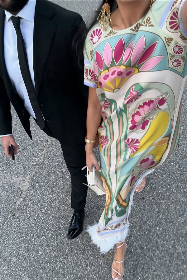 Jazlynn Satin Colorful Baroque Style Printed Short Sleeve Feather Trim Maxi Dress | Consonak