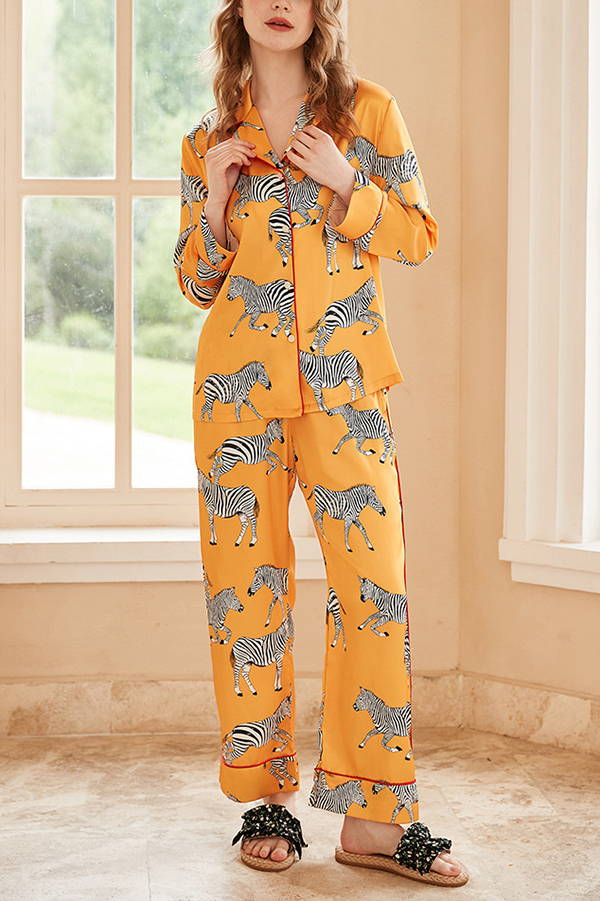 Yellow Zebra Print Home Long-sleeved Two-piece Set | Consonak