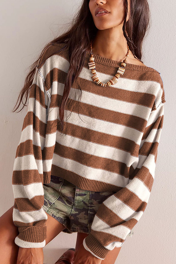 Striped Print Crew Neck Long Sleeve Loose Knitted Sweater-consonak