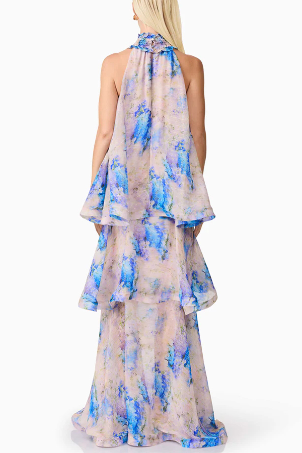 Briony Georgette Fabric Floral Print Pleated High Neck Tiered A-line Maxi Dress