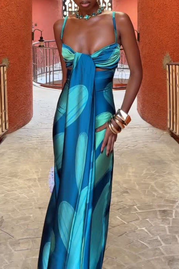 Verona Satin Leaf Pattern Front Tie-up Cutout Slip Drape Maxi Dress-consonak