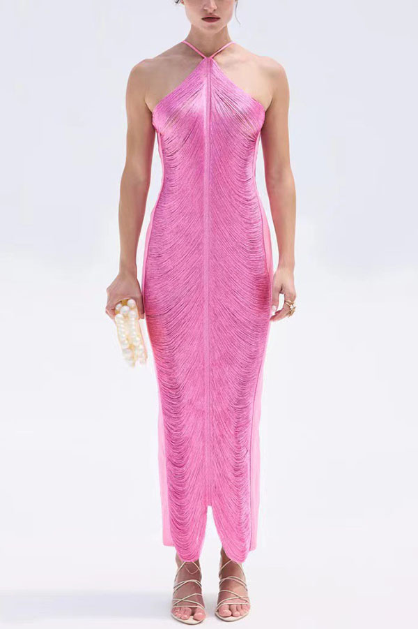 Sexy Allnight Metallic Halterneck Backless Fringed Slit Maxi Dress | Consonak