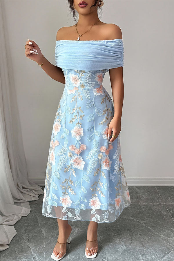 Elegant Ruched Off-Shoulder Floral Appliqué Midi Dress-Consonak