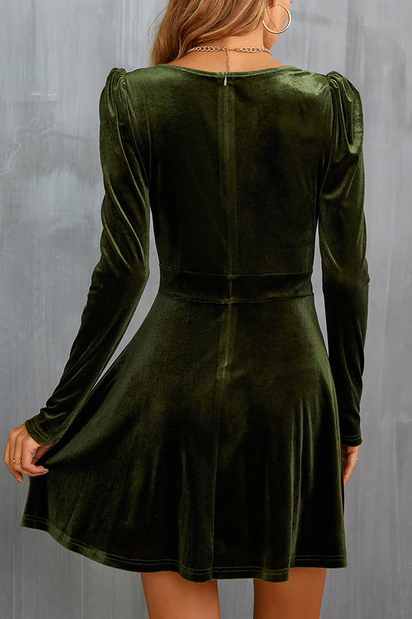 Solid Velvet V-neck Long-sleeved Waist Mini Dress-consonak