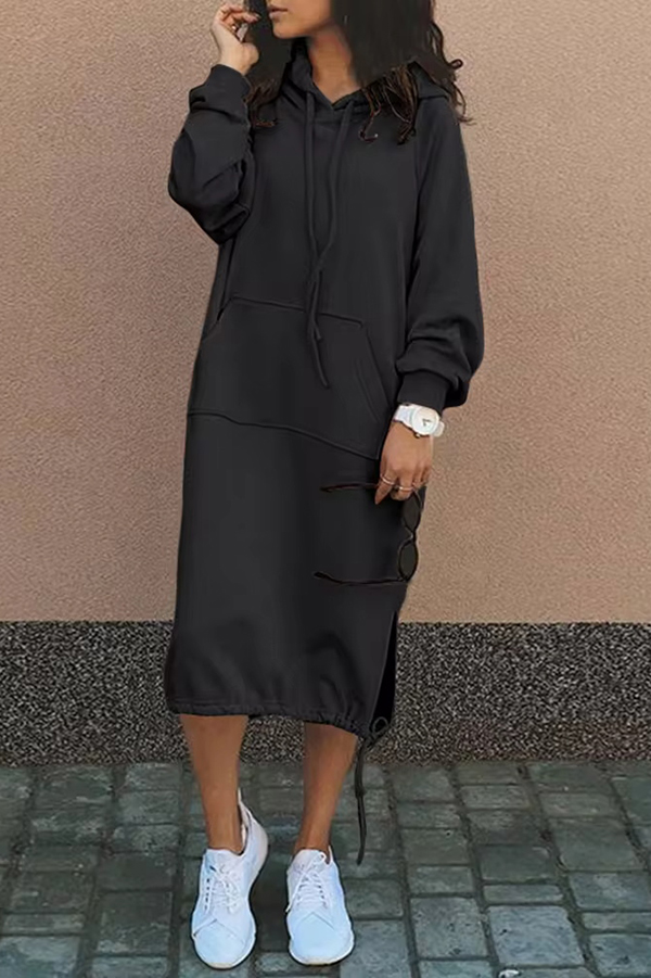 Solid Color Casual Hooded Lace-up Pocket Sweatshirt Style Midi Dress-consonak
