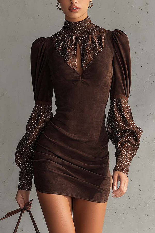 Stylish Suede Patchwork Slim-fit Long-sleeved Mini Dress-consonak