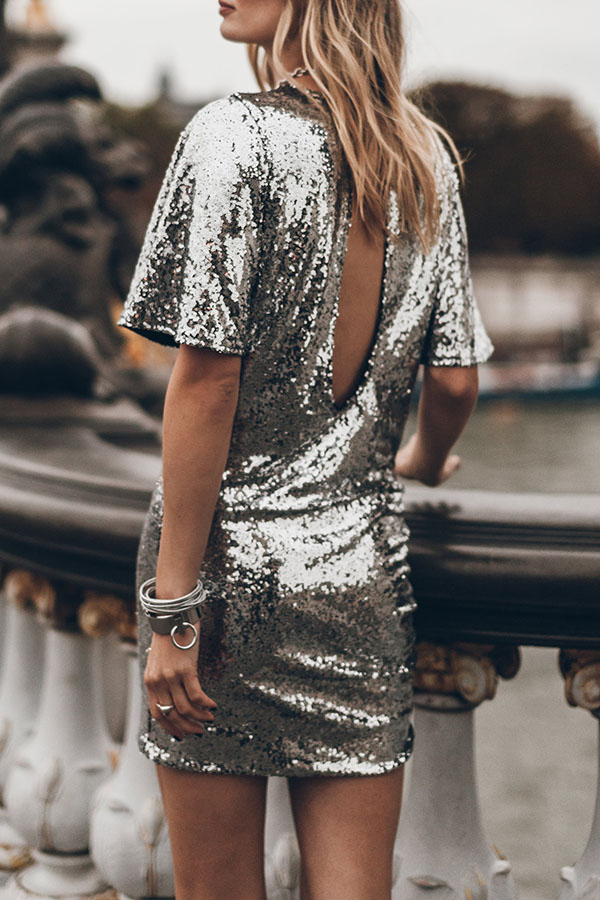 Countdown Celebration Sequin Short Bell Sleeve Open Back Ruched Mini Dress-consonak