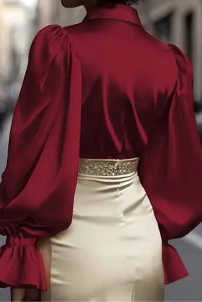 Solid Color Satin Puff Sleeve Casual Button-down Shirt-consonak