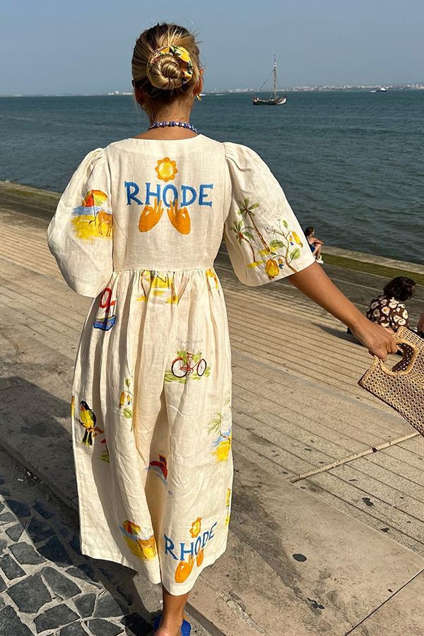 Cozy Summer Linen Blend Unique Print Button Puff Sleeve Loose Midi Dress | Consonak