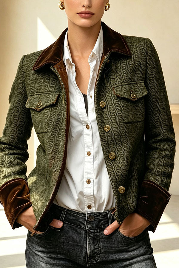Vintage Herringbone Tweed Velvet Trim Button Up Pocket Long Sleeve Jacket-Consonak