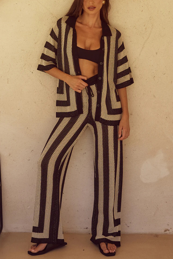 Stylish Knitted Collared Short-Sleeved Button-Up Top and Elastic Waist Casual Pants Cover-Up Set