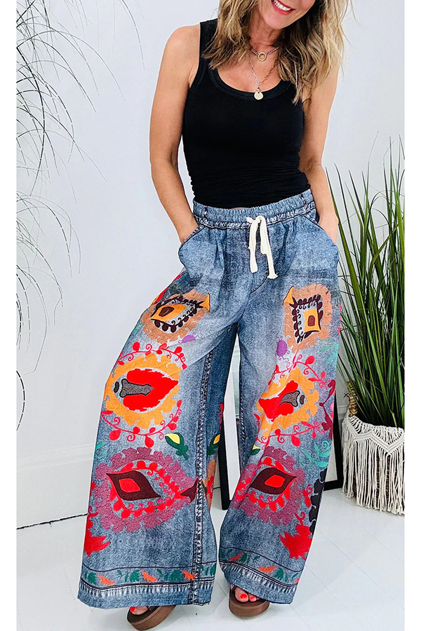 Hippie Style Unique Floral Denim Print Elastic Waist Pocketed Wide Leg Pants-consonak
