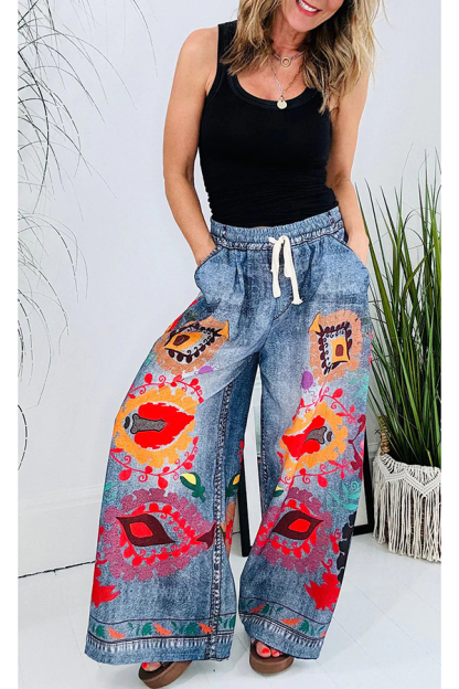 Hippie Style Unique Floral Denim Print Elastic Waist Pocketed Wide Leg Pants-consonak