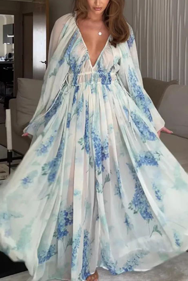 Headed To The Ocean Chiffon Floral Drawstring Waist Maxi Dresses-consonak