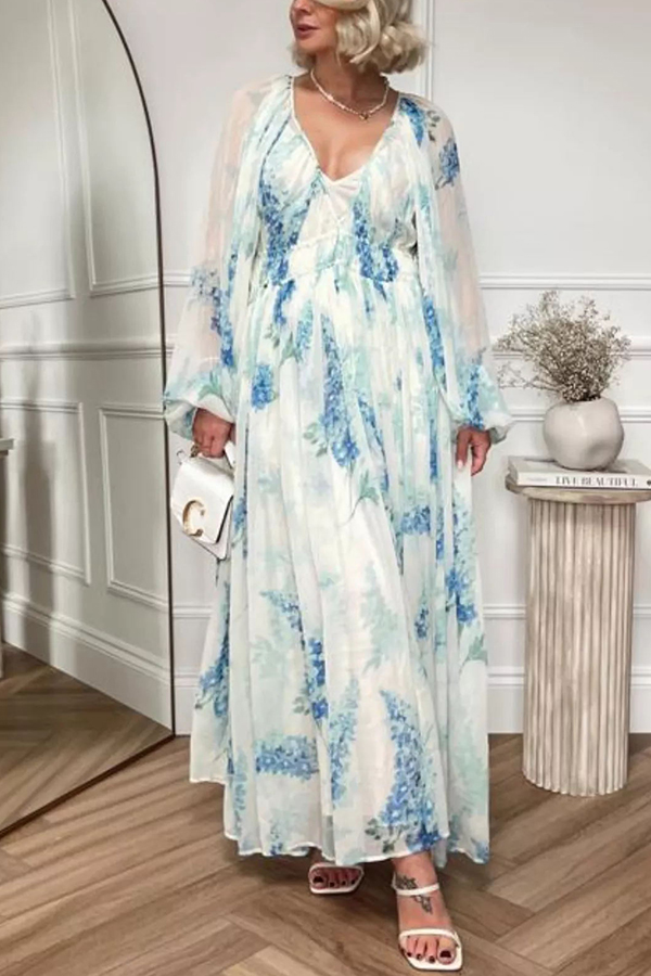 Headed To The Ocean Chiffon Floral Drawstring Waist Maxi Dresses-consonak