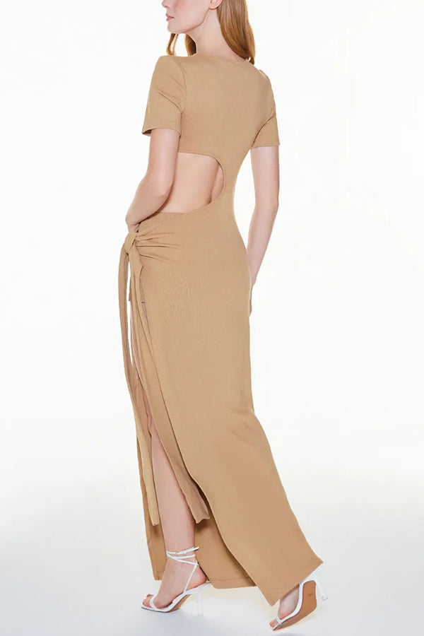 Holiday Party Ribbed Knit Cutout Waist Straps Slit Maxi Dress-consonak