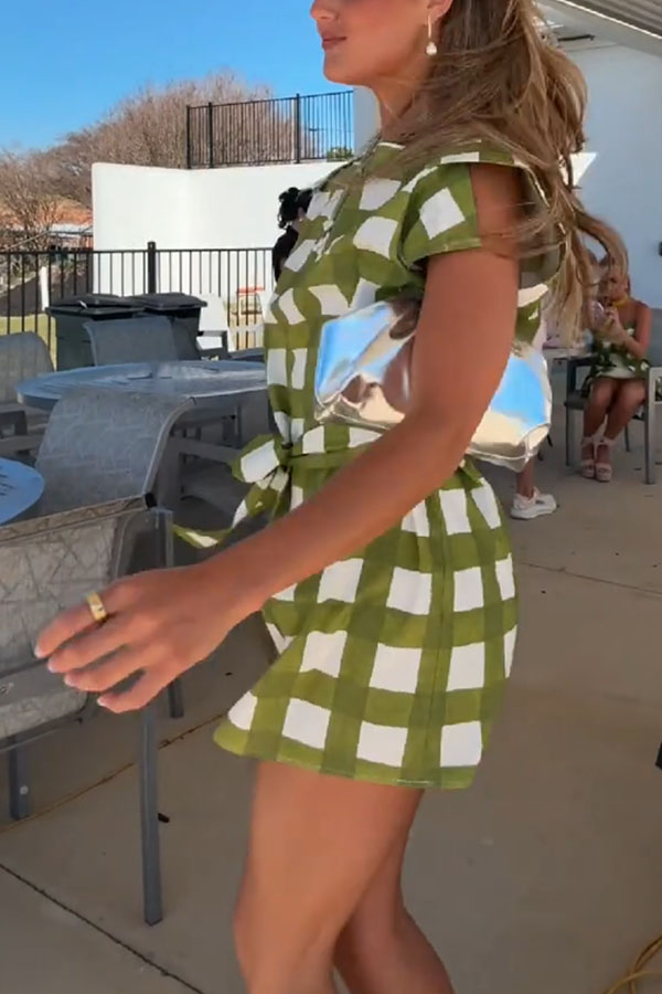 Elena Plaid Print Split Short Sleeve Tie-up Waist Loose Mini Dress
