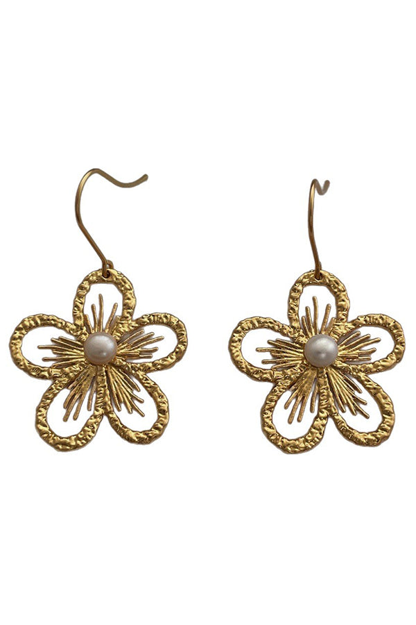 Pearl Openwork Flower Earrings-Consonak