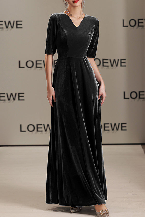 Solid Color Velvet V-neck Fitted Waist Short Sleeve Elegant Maxi Dress-consonak