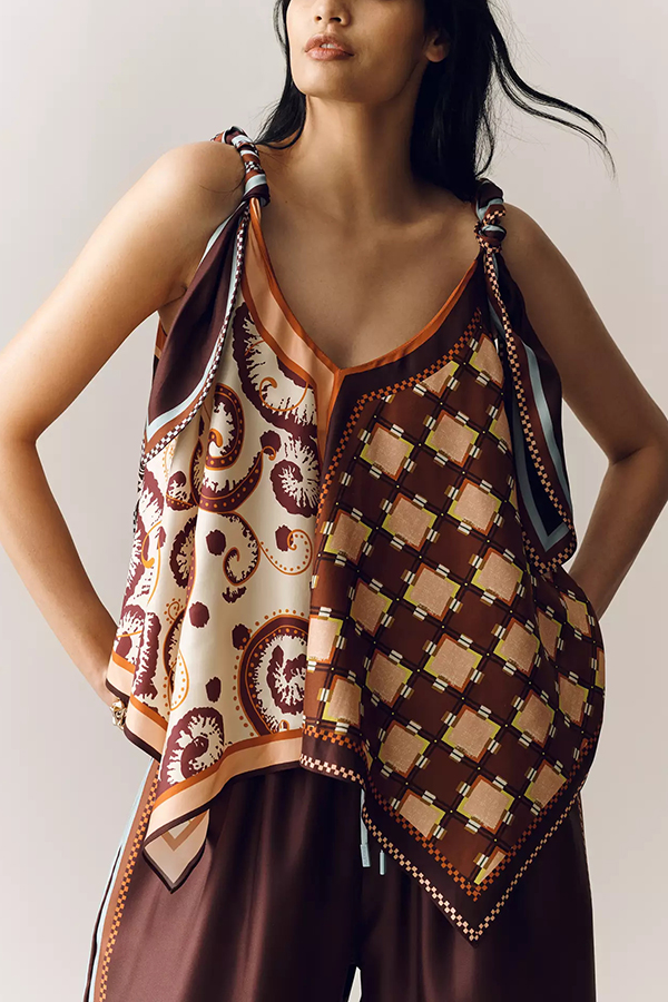 Wilson Satin Unique ColorBlock Print Scarf Top and Elastic Waist Pocket Wide Leg Pants Set-consonak
