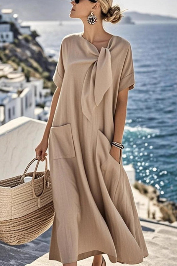 Solid Color Casual Short-sleeved Tie Round Neck Loose Pocket Mid-length Dress-consonak