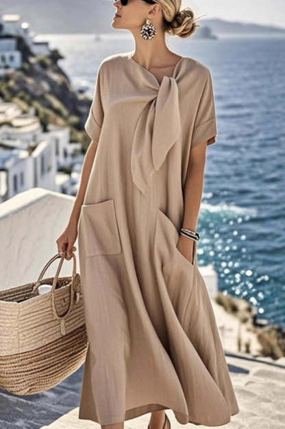 Solid Color Casual Short-sleeved Tie Round Neck Loose Pocket Mid-length Dress-consonak