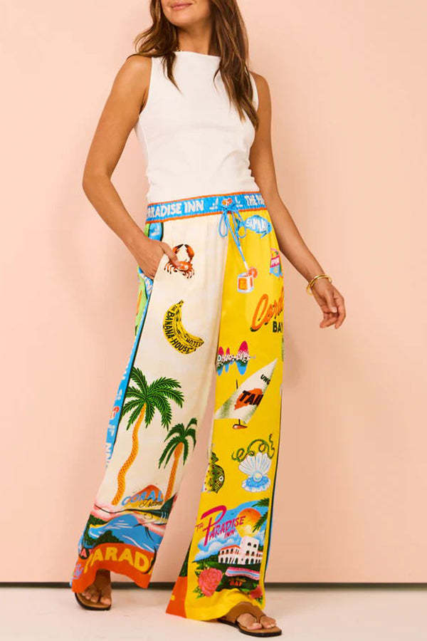 Kissed By The Sun Satin Unique Print Colorblock Elastic Waist Pocketed Wide Leg Pants-consonak