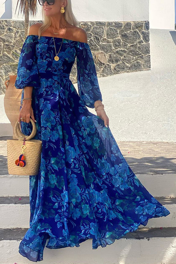 Ladies' One Shoulder Blue Flower Design Sexy Off Shoulder Back Smoke Vacation Long Dress | Consonak