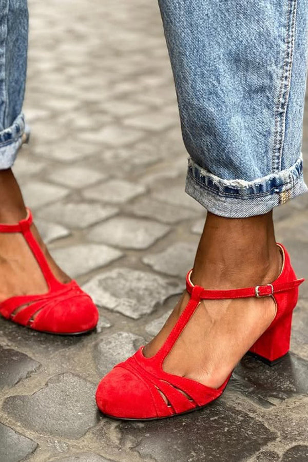 Color-blocked Faux Suede Chunky Heel Sandals-Consonak