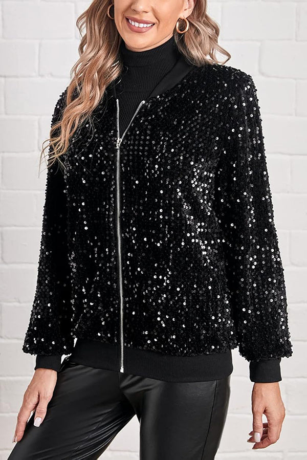 Fashionable Sequined Long-sleeved Zip-up Casual Jacket-consonak