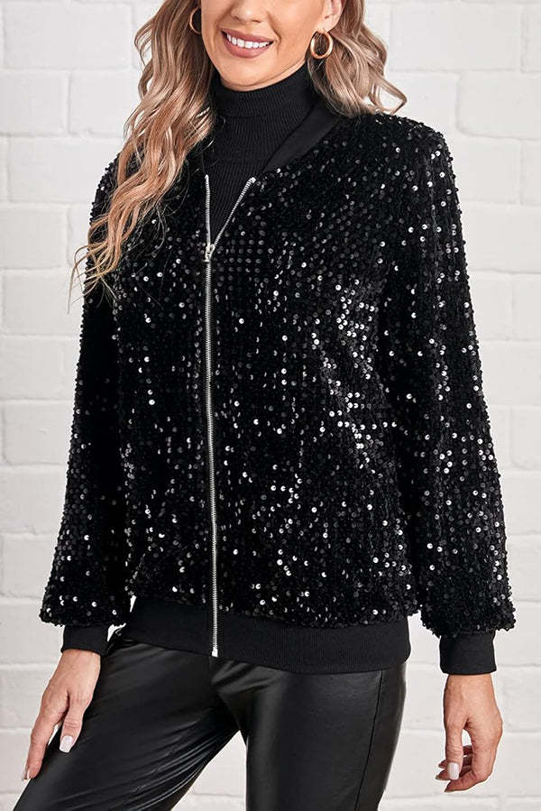 Fashionable Sequined Long-sleeved Zip-up Casual Jacket-consonak