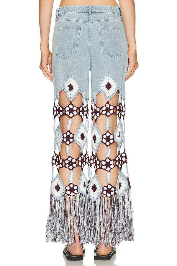 Belma Denim Handmade Embroidered Floral Crochet Detail Tassel Hem Pocket Jeans | Consonak