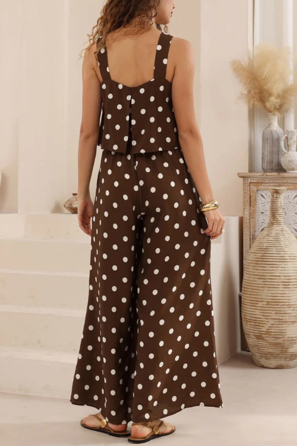 Polka Dot Print Loose Sleeveless Casual Wide-leg Jumpsuit-consonak