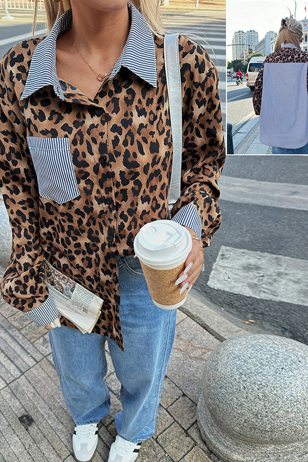 Stylish Striped Leopard Print Patchwork Loose Casual Long-sleeved Shirt-consonak