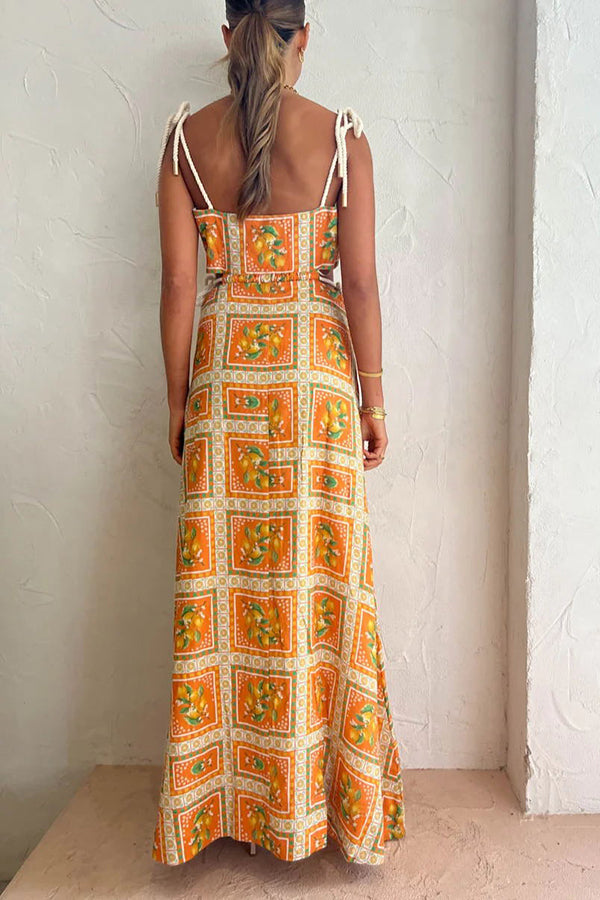 Orange Summer Printed Linen Blend Cutout Tie-up Design Maxi Dress-consonak