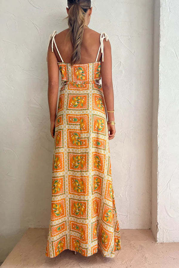Orange Summer Printed Linen Blend Cutout Tie-up Design Maxi Dress-consonak