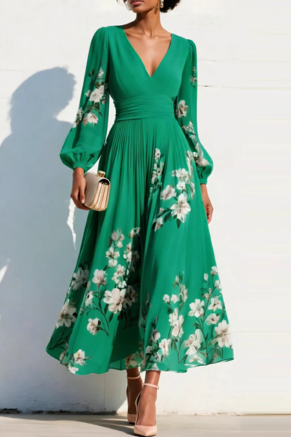 Floral Print V-neck Long-sleeved Fitted Waist Casual Maxi Dress