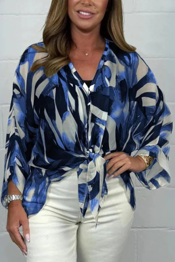 Unique Printed Long Sleeve V-neck Chiffon Loose Shirt-consonak