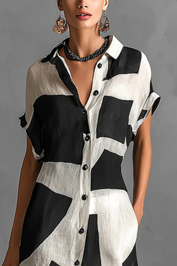 Geometric Color-blocked Print Lapel Short-sleeved Button-down Casual Maxi Dress