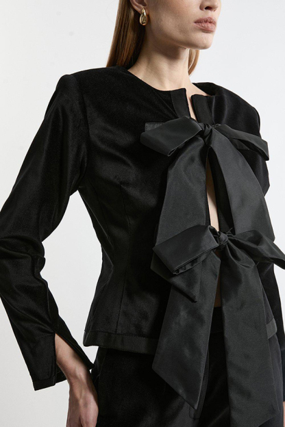 Cue The Cocktails Velvet Tailored Taffeta Bow Detail Peplum Jacket-consonak