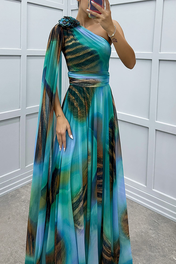 Lucia Unique Print Floral Detail One Shoulder Draped Sleeve Gown Maxi Dress | Consonak