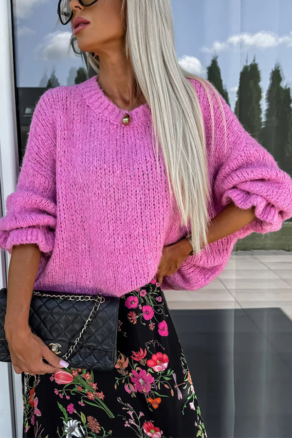 Solid Color Round Neck Ruffled Long Sleeve Knitted Sweater-consonak