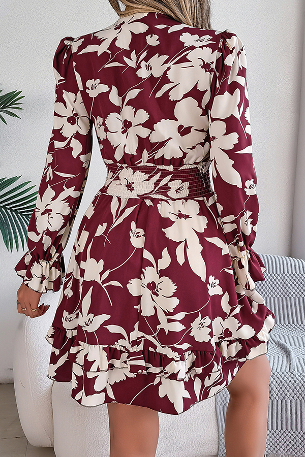 Floral Print V-neck Lace-up Long-sleeve Elastic Waist Mini Dress-consonak