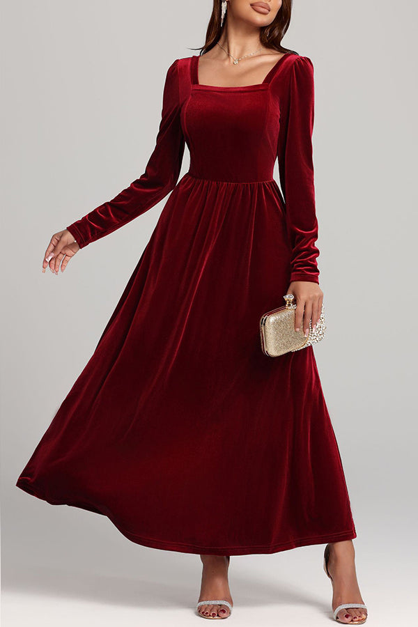 Solid Color Velvet Square Neck Long Sleeve Elegant Maxi Dress-consonak