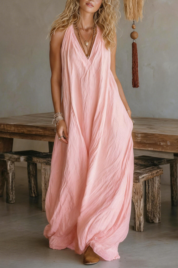 Linen Blend Solid Color Loose V-neck Sleeveless Pocket Casual Maxi Dress | Consonak