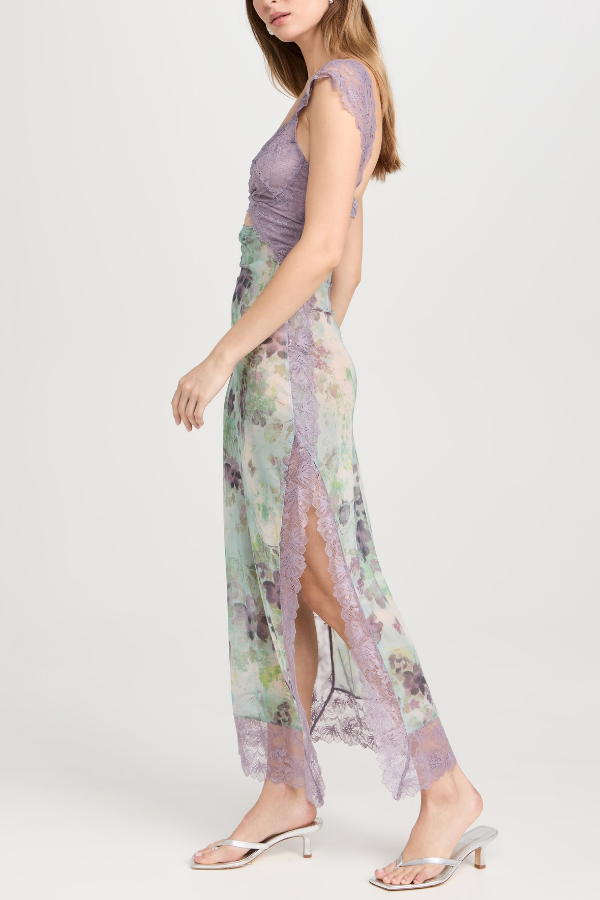 Floral Print Lace Patchwork Hollow-out Slim-fit Midi Dress-consonak