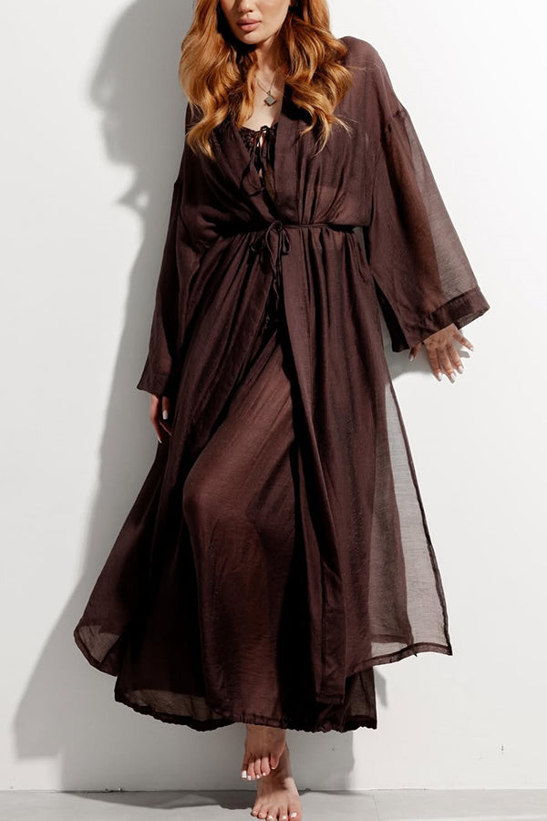 Flowy Linen Blend Halter Tank & Elastic Waist Tie-up Wide Leg Pants & Kimono Cover-Ups 3pieces Set