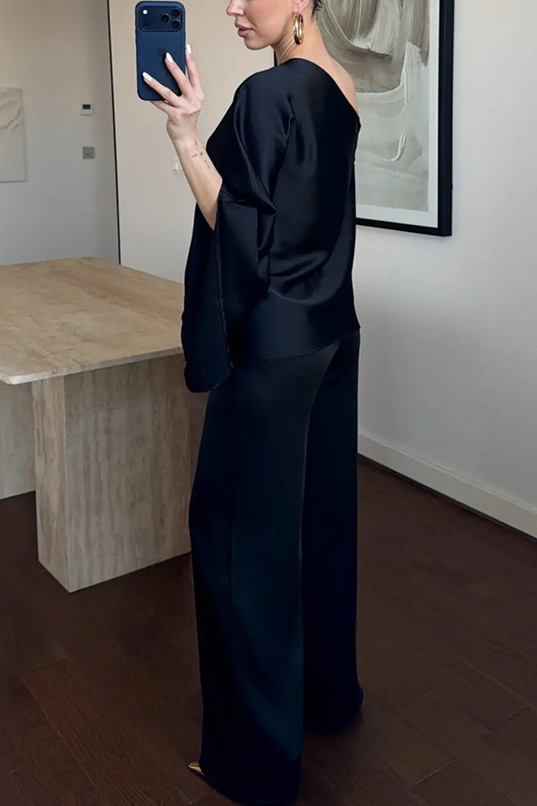 Arnell Satin One-Shoulder Cape Top and Elastic Waist Wide Leg Pants Set